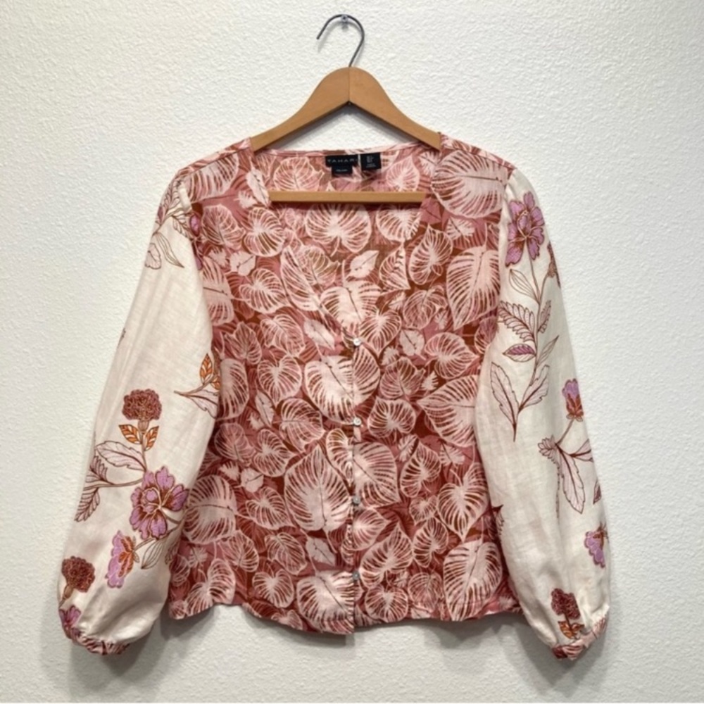 Tahari linen floral mixed print balloon sleeve blouse